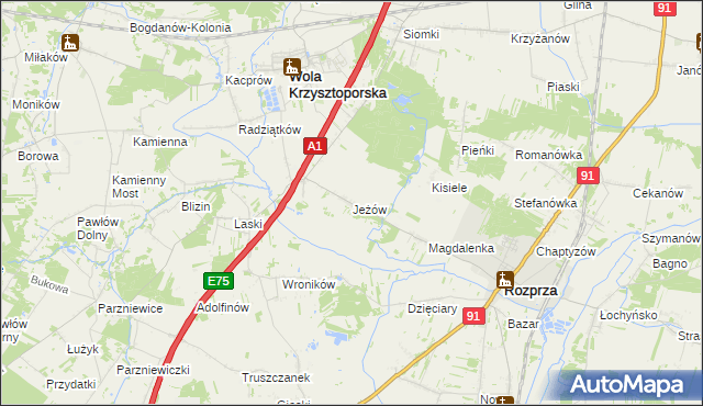 mapa Jeżów gmina Wola Krzysztoporska, Jeżów gmina Wola Krzysztoporska na mapie Targeo