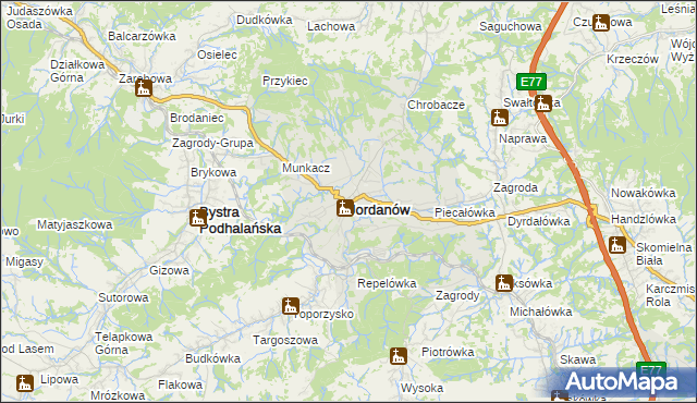 mapa Jordanów powiat suski, Jordanów powiat suski na mapie Targeo