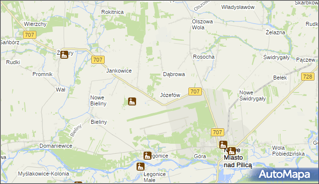 mapa Józefów gmina Nowe Miasto nad Pilicą, Józefów gmina Nowe Miasto nad Pilicą na mapie Targeo