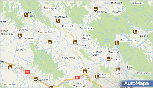 mapa Jurowce gmina Sanok, Jurowce gmina Sanok na mapie Targeo