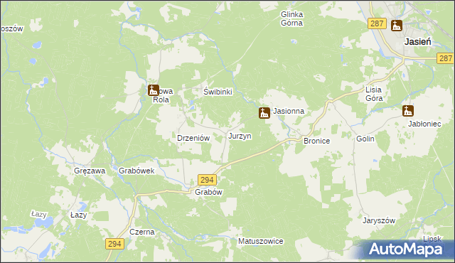 mapa Jurzyn gmina Jasień, Jurzyn gmina Jasień na mapie Targeo