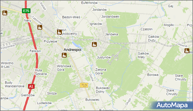 mapa Justynów gmina Andrespol, Justynów gmina Andrespol na mapie Targeo