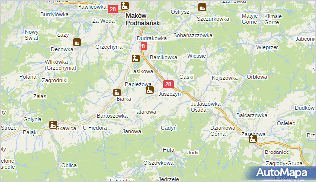 mapa Juszczyn gmina Maków Podhalański, Juszczyn gmina Maków Podhalański na mapie Targeo