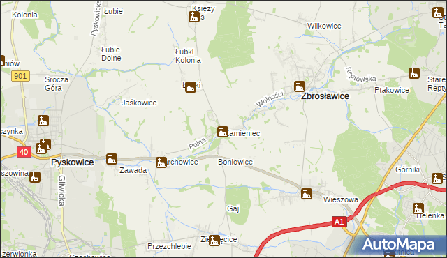 mapa Kamieniec gmina Zbrosławice, Kamieniec gmina Zbrosławice na mapie Targeo