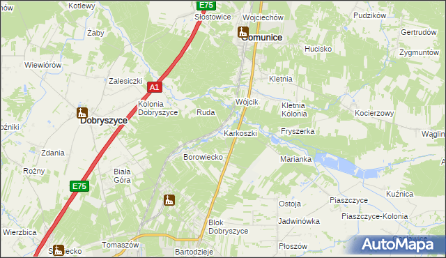 mapa Karkoszki gmina Gomunice, Karkoszki gmina Gomunice na mapie Targeo