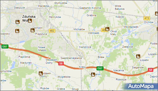 mapa Karsznice gmina Zduńska Wola, Karsznice gmina Zduńska Wola na mapie Targeo