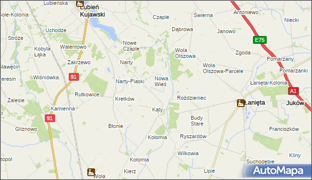 mapa Kąty gmina Lubień Kujawski, Kąty gmina Lubień Kujawski na mapie Targeo