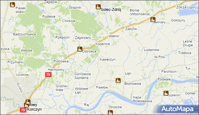 mapa Kawęczyn gmina Nowy Korczyn, Kawęczyn gmina Nowy Korczyn na mapie Targeo