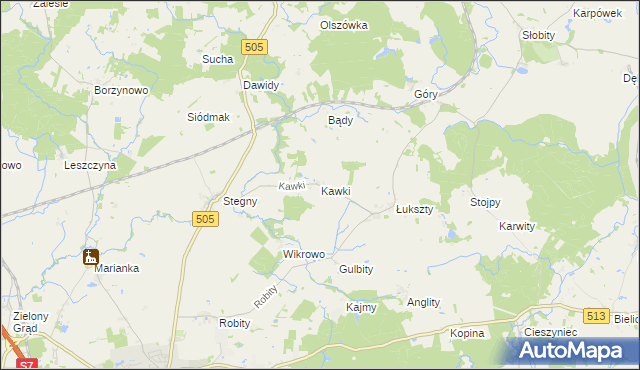 mapa Kawki gmina Pasłęk, Kawki gmina Pasłęk na mapie Targeo