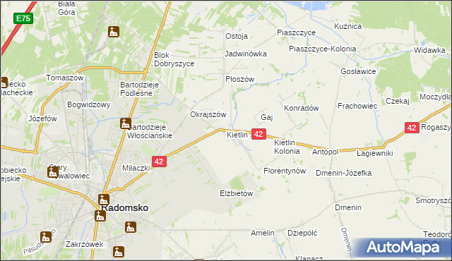 mapa Kietlin gmina Radomsko, Kietlin gmina Radomsko na mapie Targeo