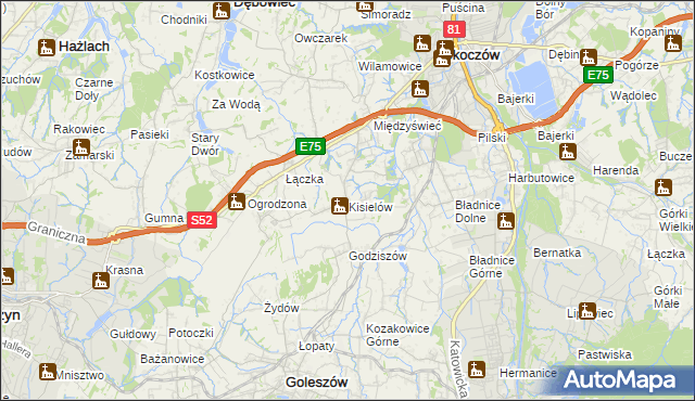 mapa Kisielów gmina Goleszów, Kisielów gmina Goleszów na mapie Targeo