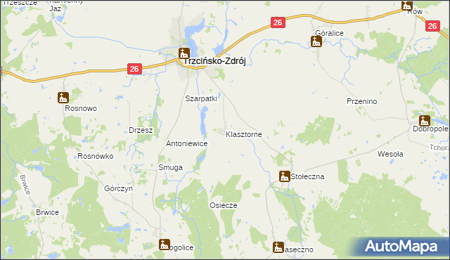 mapa Klasztorne gmina Trzcińsko-Zdrój, Klasztorne gmina Trzcińsko-Zdrój na mapie Targeo