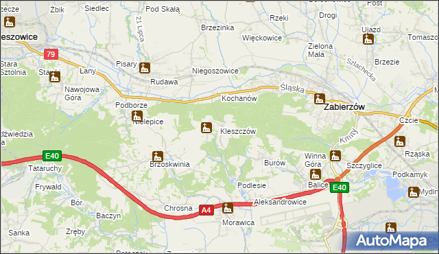 mapa Kleszczów gmina Zabierzów, Kleszczów gmina Zabierzów na mapie Targeo