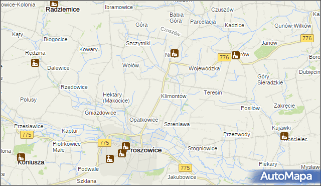 mapa Klimontów gmina Proszowice, Klimontów gmina Proszowice na mapie Targeo