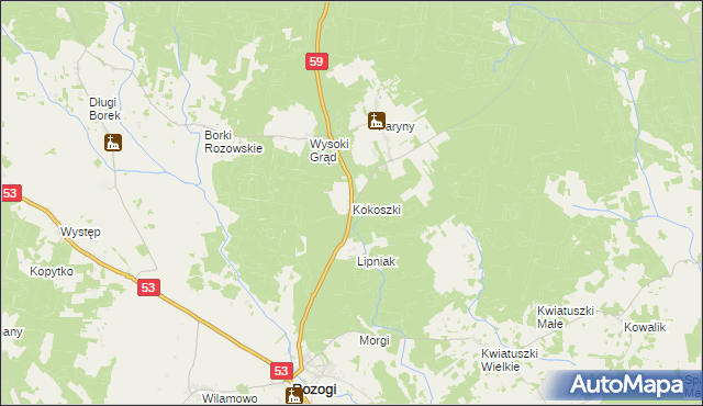 mapa Kokoszki gmina Rozogi, Kokoszki gmina Rozogi na mapie Targeo