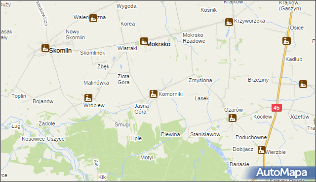 mapa Komorniki gmina Mokrsko, Komorniki gmina Mokrsko na mapie Targeo