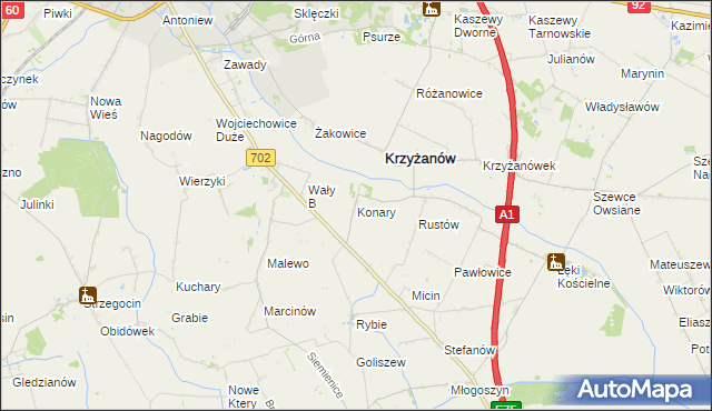 mapa Konary gmina Krzyżanów, Konary gmina Krzyżanów na mapie Targeo