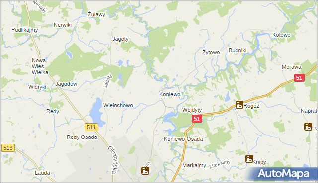 mapa Koniewo gmina Lidzbark Warmiński, Koniewo gmina Lidzbark Warmiński na mapie Targeo