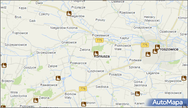 mapa Koniusza powiat proszowicki, Koniusza powiat proszowicki na mapie Targeo