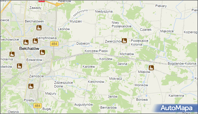 mapa Korczew gmina Bełchatów, Korczew gmina Bełchatów na mapie Targeo