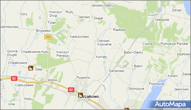 mapa Kornaty gmina Strzałkowo, Kornaty gmina Strzałkowo na mapie Targeo