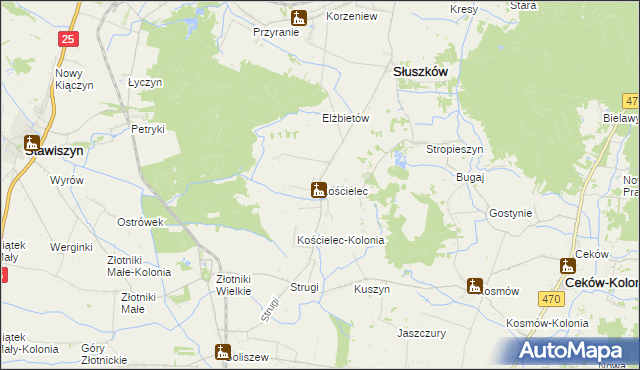 mapa Kościelec gmina Mycielin, Kościelec gmina Mycielin na mapie Targeo