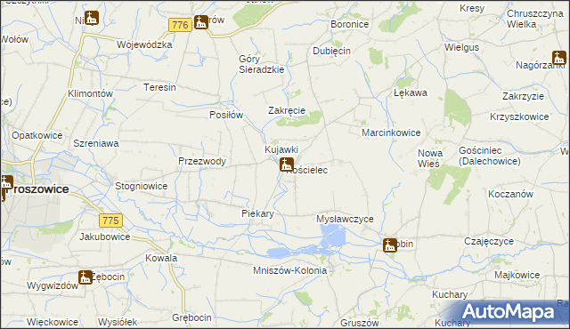 mapa Kościelec gmina Proszowice, Kościelec gmina Proszowice na mapie Targeo