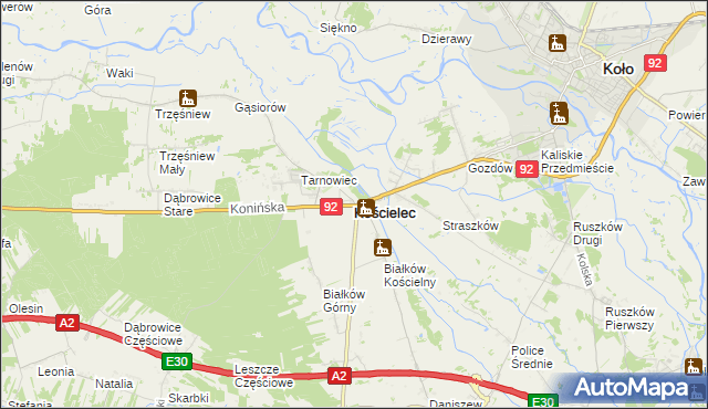 mapa Kościelec powiat kolski, Kościelec powiat kolski na mapie Targeo