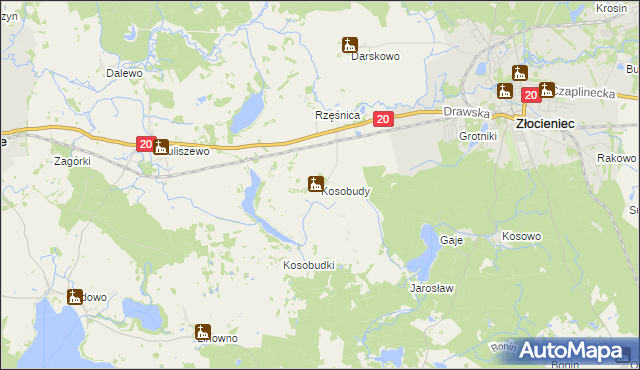 mapa Kosobudy gmina Złocieniec, Kosobudy gmina Złocieniec na mapie Targeo