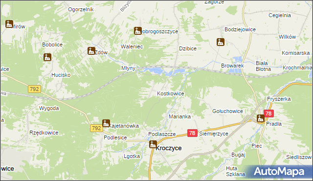 mapa Kostkowice gmina Kroczyce, Kostkowice gmina Kroczyce na mapie Targeo