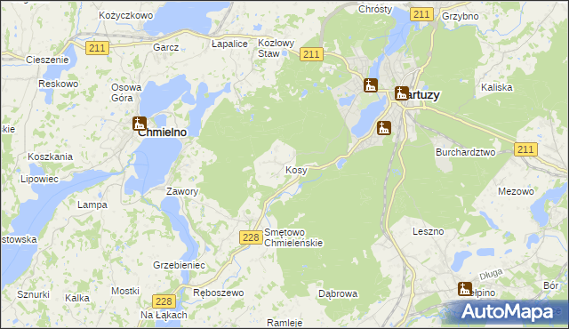 mapa Kosy gmina Kartuzy, Kosy gmina Kartuzy na mapie Targeo
