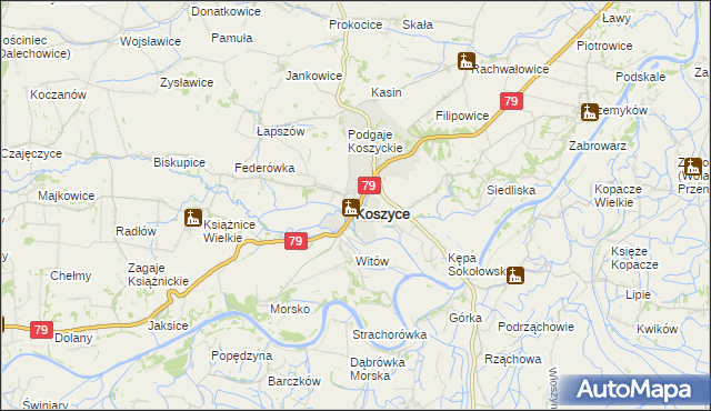 mapa Koszyce powiat proszowicki, Koszyce powiat proszowicki na mapie Targeo