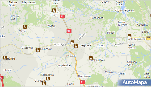 mapa Koziegłowy powiat myszkowski, Koziegłowy powiat myszkowski na mapie Targeo