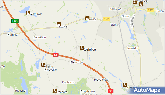 mapa Kozielice powiat pyrzycki, Kozielice powiat pyrzycki na mapie Targeo