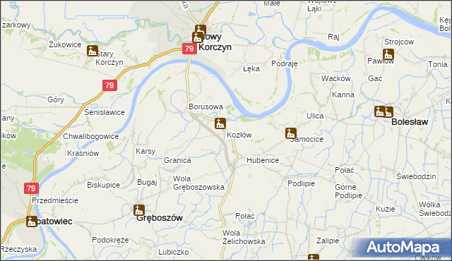 mapa Kozłów gmina Gręboszów, Kozłów gmina Gręboszów na mapie Targeo