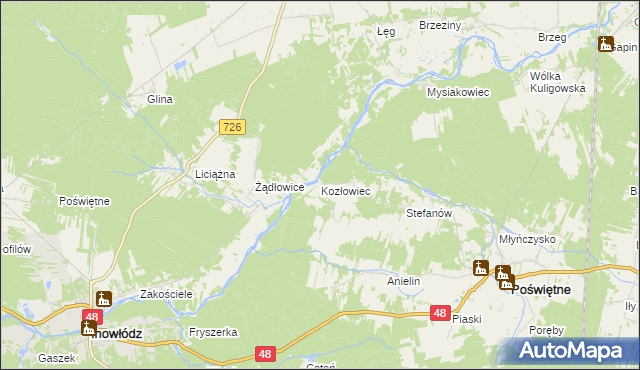 mapa Kozłowiec gmina Poświętne, Kozłowiec gmina Poświętne na mapie Targeo