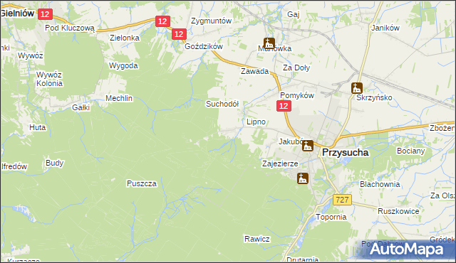 mapa Kozłowiec gmina Przysucha, Kozłowiec gmina Przysucha na mapie Targeo