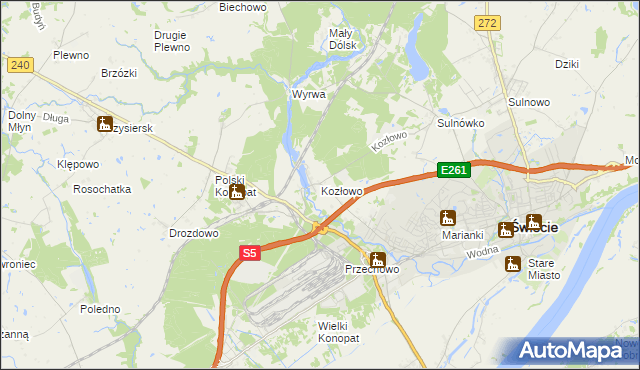 mapa Kozłowo gmina Świecie, Kozłowo gmina Świecie na mapie Targeo
