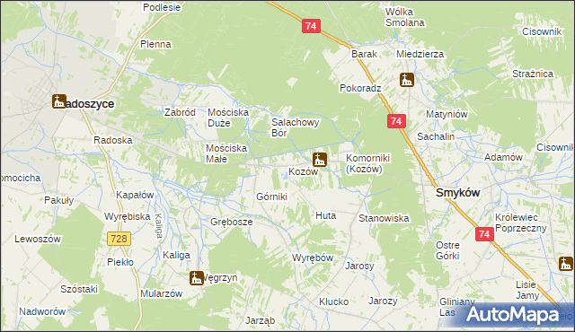 mapa Kozów gmina Smyków, Kozów gmina Smyków na mapie Targeo