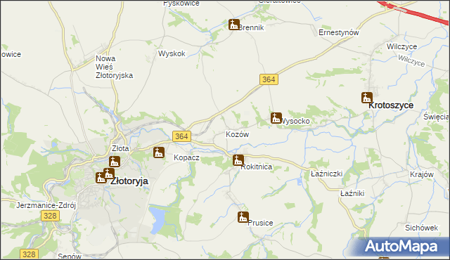 mapa Kozów gmina Złotoryja, Kozów gmina Złotoryja na mapie Targeo