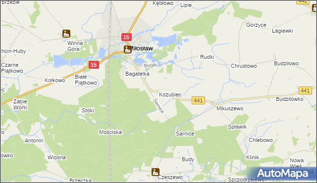 mapa Kozubiec gmina Miłosław, Kozubiec gmina Miłosław na mapie Targeo