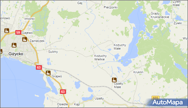 mapa Kożuchy Wielkie, Kożuchy Wielkie na mapie Targeo