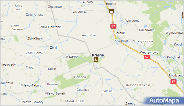 mapa Krasne powiat przasnyski, Krasne powiat przasnyski na mapie Targeo