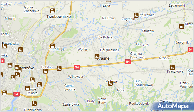 mapa Krasne powiat rzeszowski, Krasne powiat rzeszowski na mapie Targeo