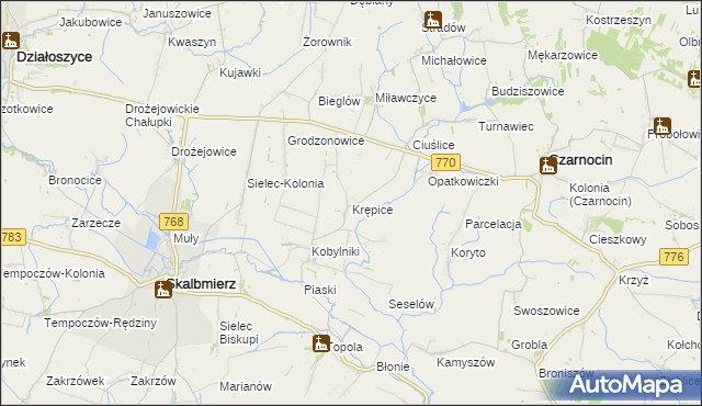 mapa Krępice gmina Skalbmierz, Krępice gmina Skalbmierz na mapie Targeo