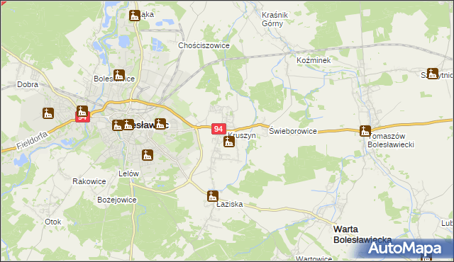 mapa Kruszyn gmina Bolesławiec, Kruszyn gmina Bolesławiec na mapie Targeo