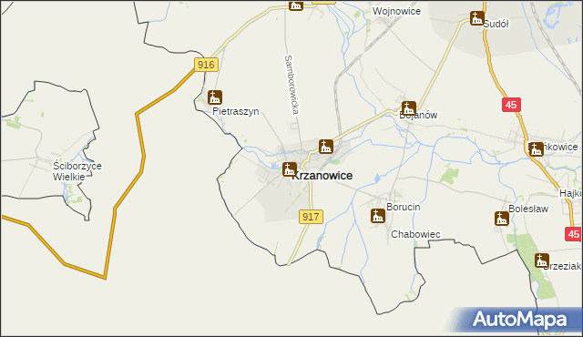 mapa Krzanowice powiat raciborski, Krzanowice powiat raciborski na mapie Targeo