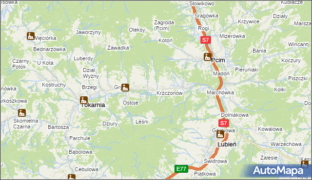 mapa Krzczonów gmina Tokarnia, Krzczonów gmina Tokarnia na mapie Targeo