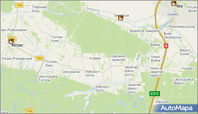 mapa Krzewa gmina Mirzec, Krzewa gmina Mirzec na mapie Targeo