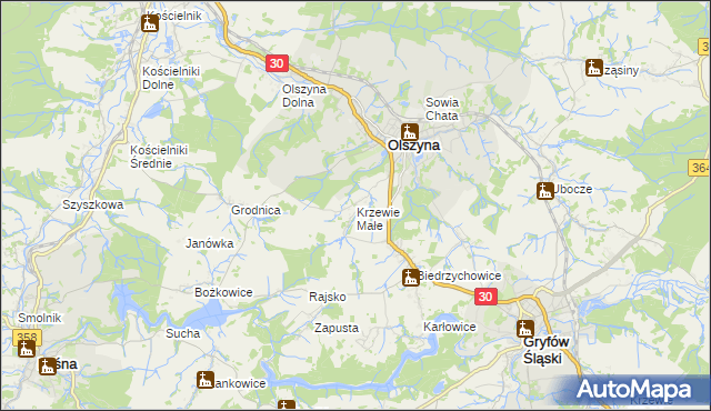 mapa Krzewie Małe, Krzewie Małe na mapie Targeo